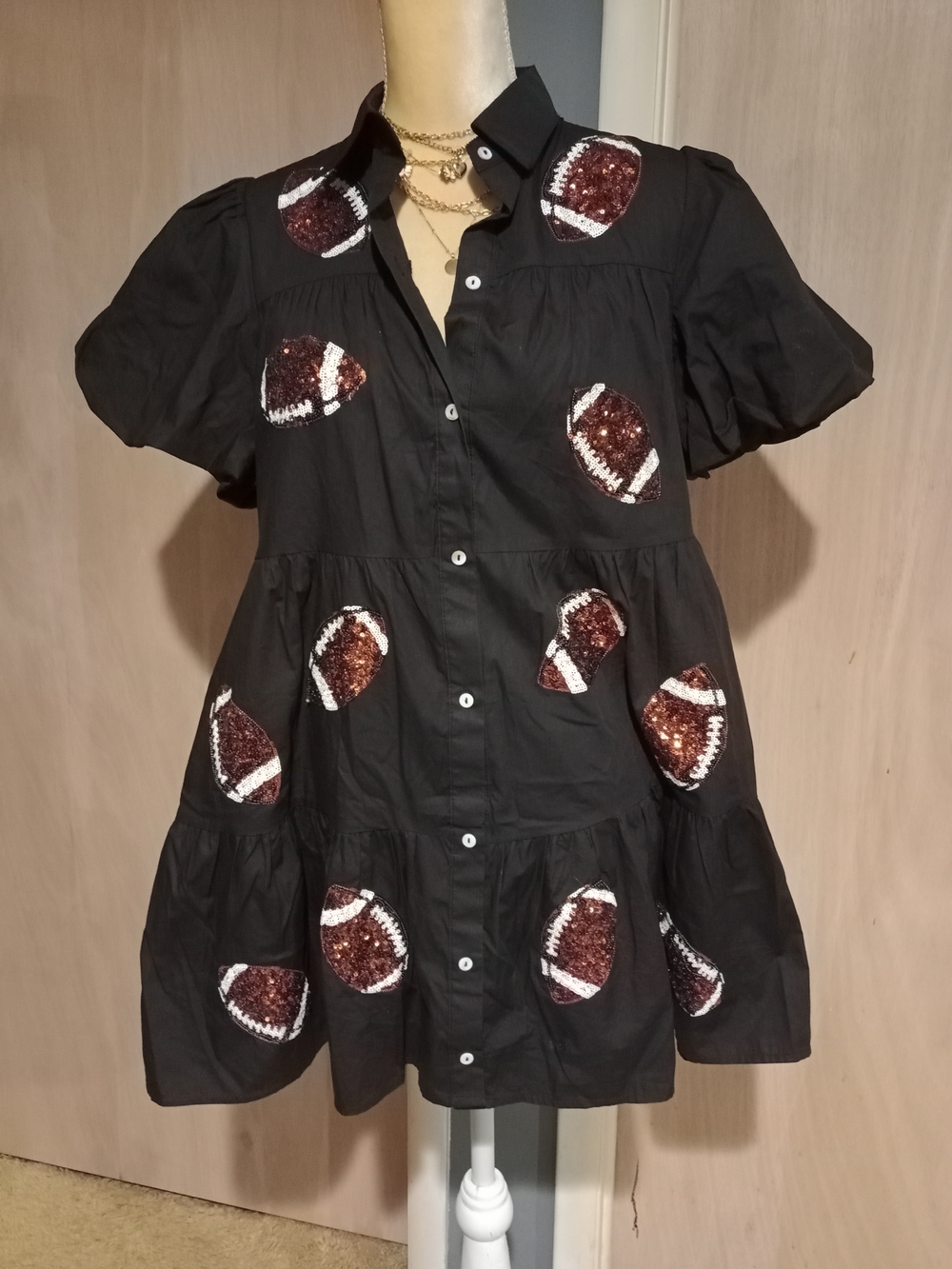 Peach Love California Black Dress with Brown Sequin Footballs